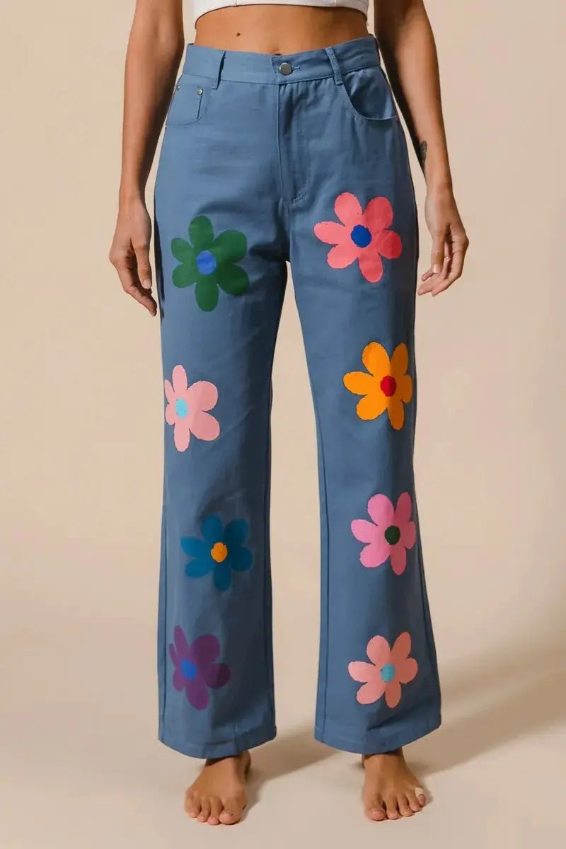 BiBi Flower Print Straight Legs Pants for Chic Style - Love Salve